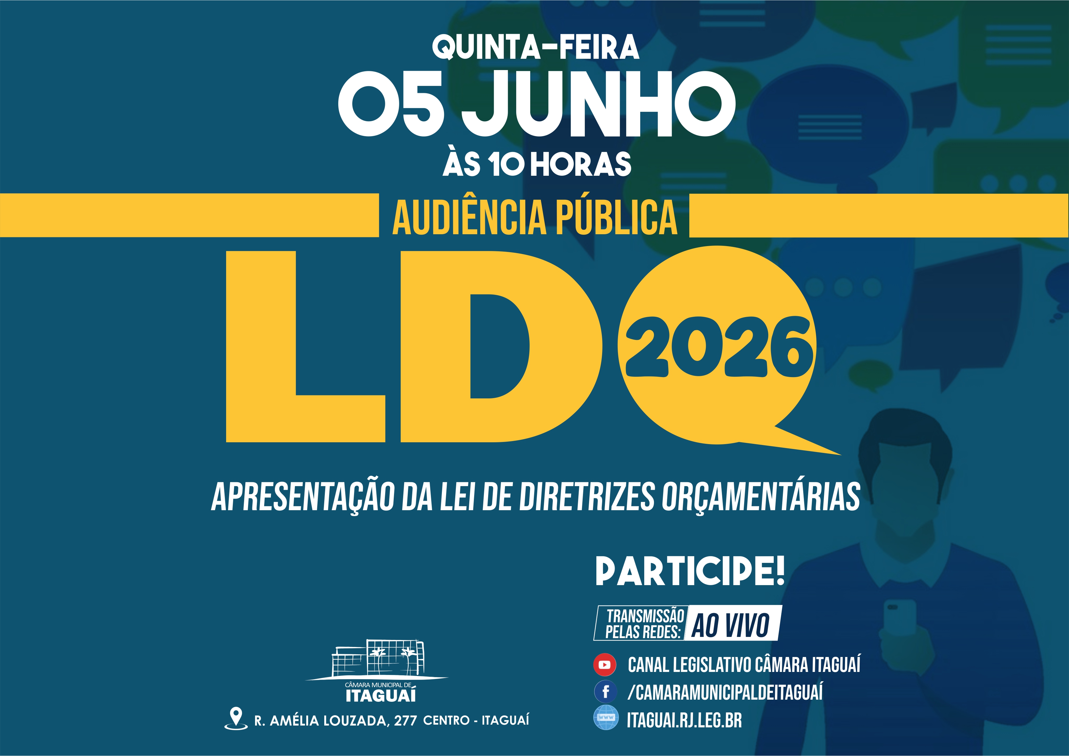 CÂMARA DE ITAGUAÍ REALIZARÁ AUDIÊNCIA PÚBLICA PARA APRESENTAÇÃO DA LDO 2026