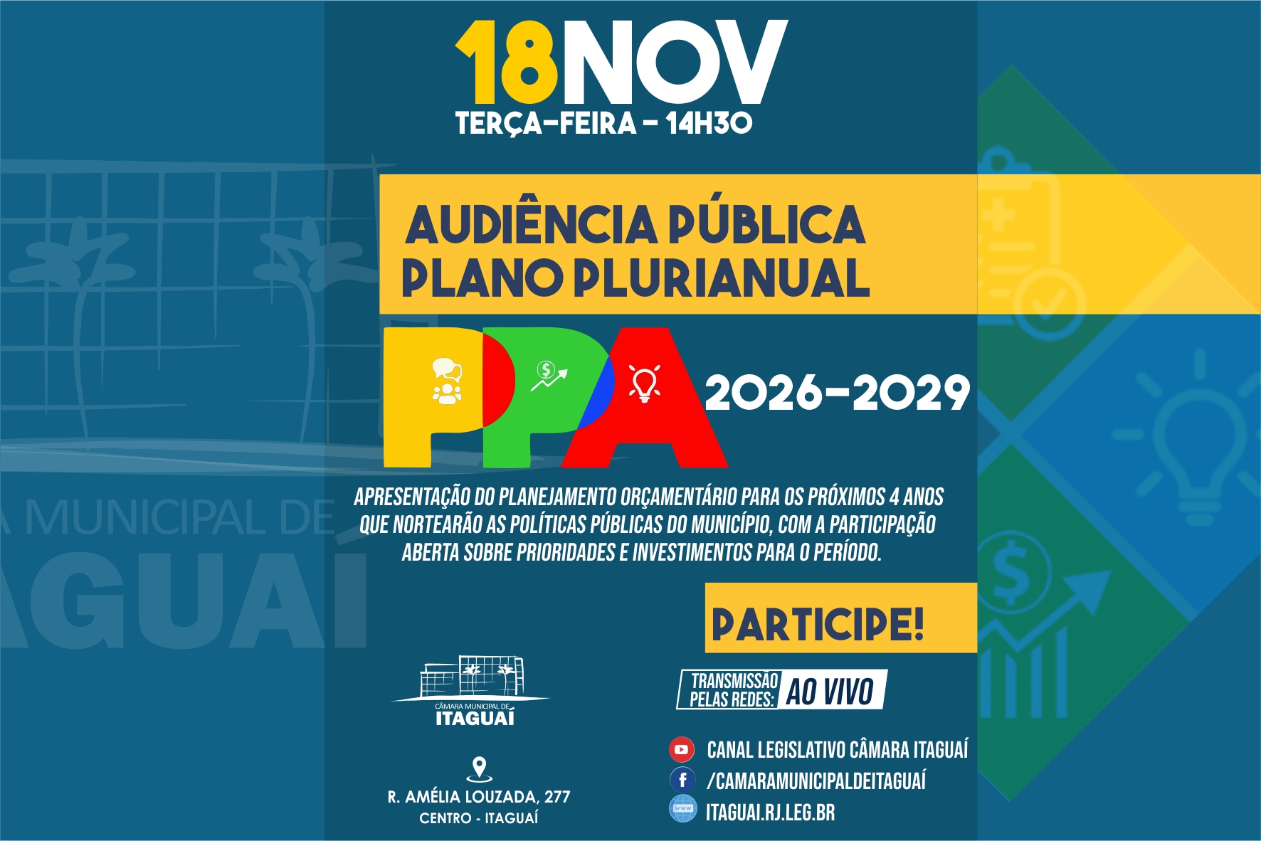CÂMARA DE ITAGUAÍ REALIZARÁ AUDIÊNCIA PÚBLICA PARA DISCUTIR O PPA 2026–2029