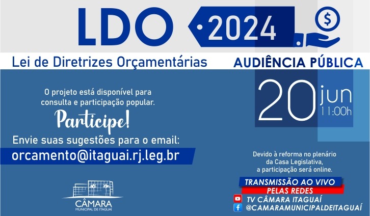 Devido a reforma que está sendo realizada na sede do Poder Legislativo, a participação será apenas virtual. O cidadão pode enviar suas sugestões para o e-mail: orcamento@itaguai.rj.leg.br e participar no campo dos comentários durante a transmissão da Audiência Pública.